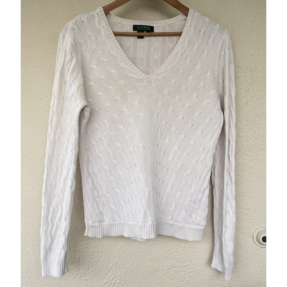 Lauren Ralph Lauren White Silk Blend Cable Knit Sweater V Neck L Preppy Academia
